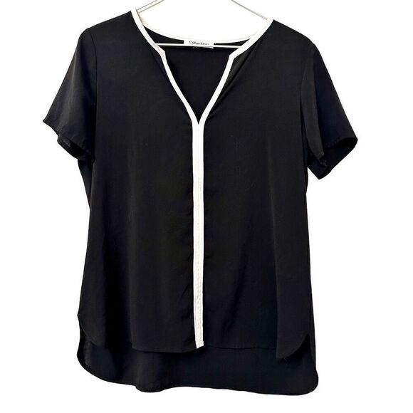 Calvin Klein Split Neck Contrast Piping Short Sleeve Hi-Low Blouse Black Small - Picture 1 of 4